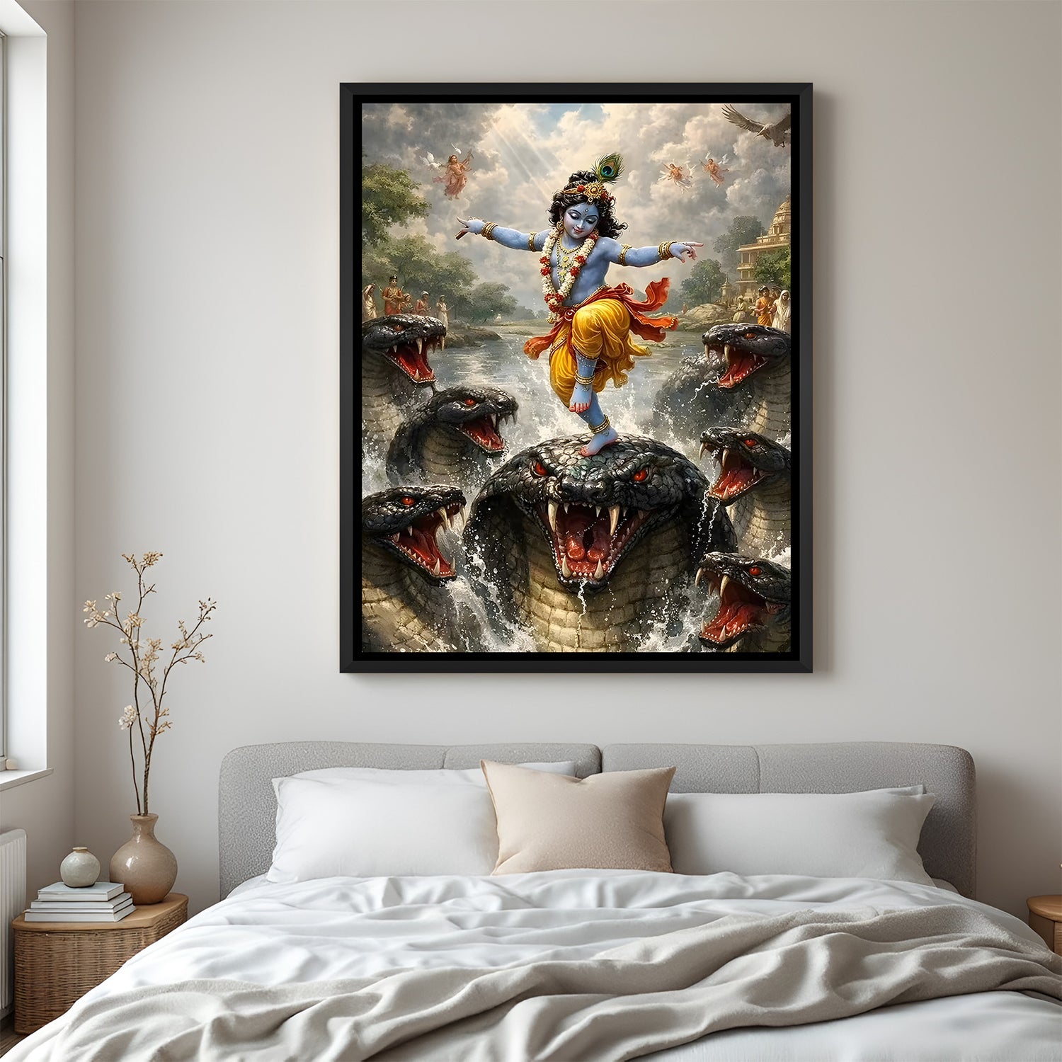 Krishna Kaliya Nag dance victory artwork in elegant black floater frame spiritual mythological canvas decor