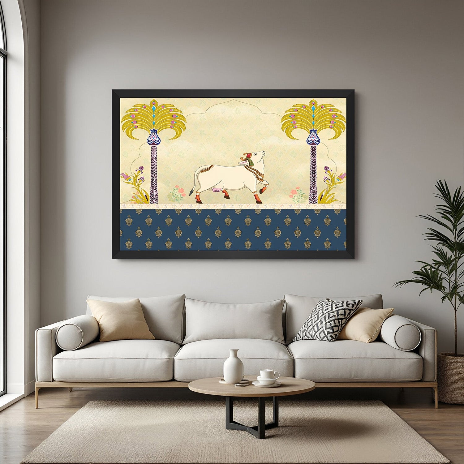 Kamadhenu canvas painting in black floater frame for Vastu-inspired Indian wall decoration