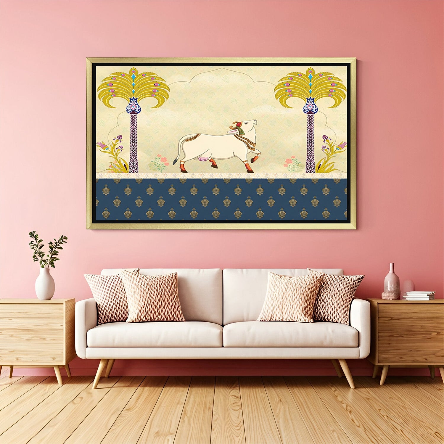 Kamadhenu sacred cow canvas art in golden floater frame for spiritual and Vastu Indian home decor