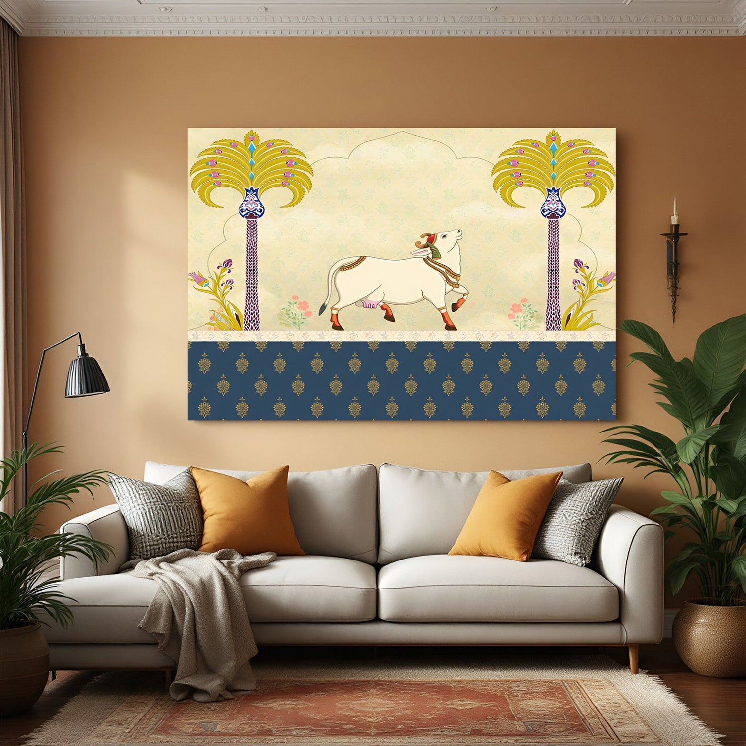 Kamadhenu canvas wall art featuring sacred cow for Vastu decor and spiritual Indian home interiors