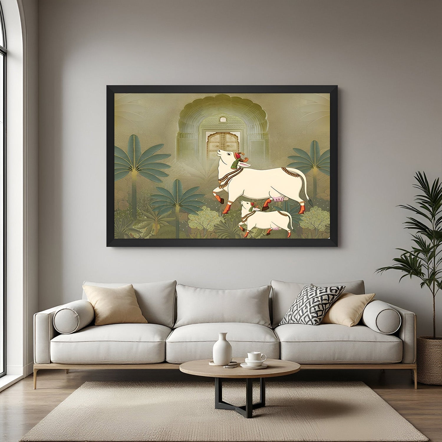 Black floater frame Pichwai canvas of Kamdhenu cow and calf for sacred Indian interiors