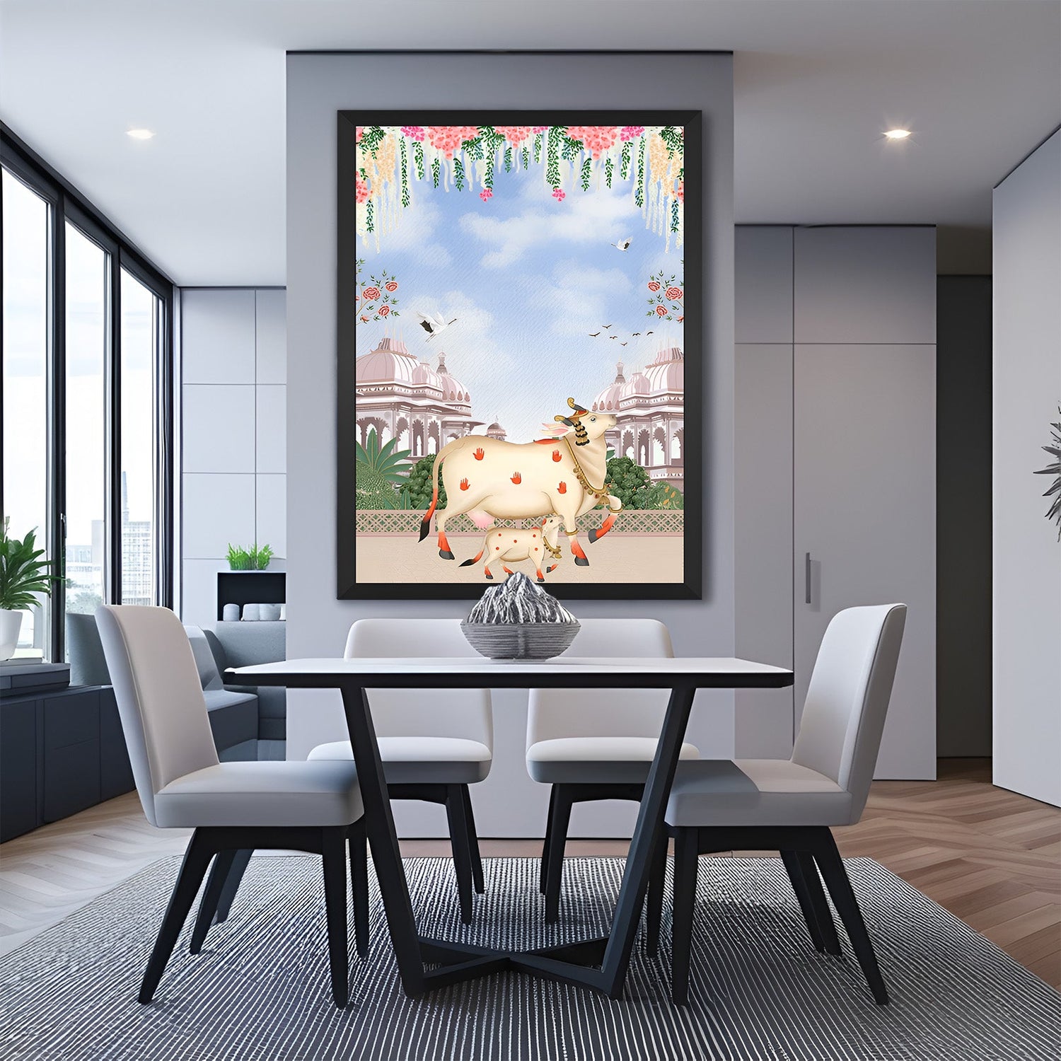 Kamdhenu cow with calf in black floater frame for peaceful Vastu interiors
