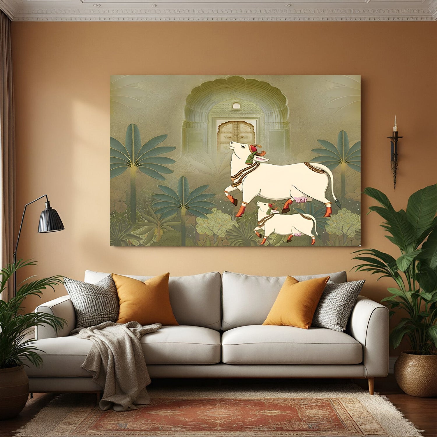 Kamdhenu cow with baby calf Pichwai canvas for spiritual and Vastu-friendly home decor