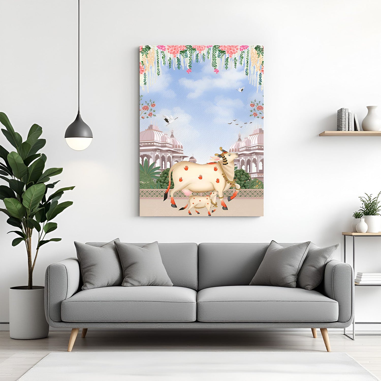 Kamdhenu cow with calf Pichwai canvas wall art for temple and home decor