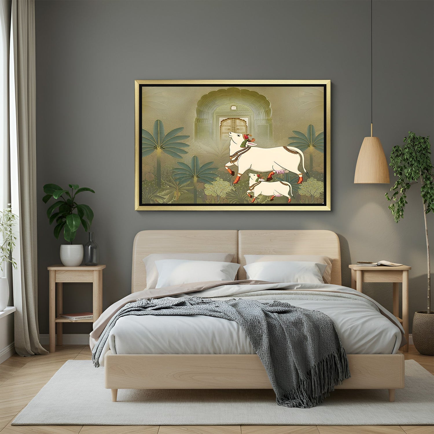 Golden floater frame Kamdhenu cow Pichwai canvas for ethnic home and temple decor