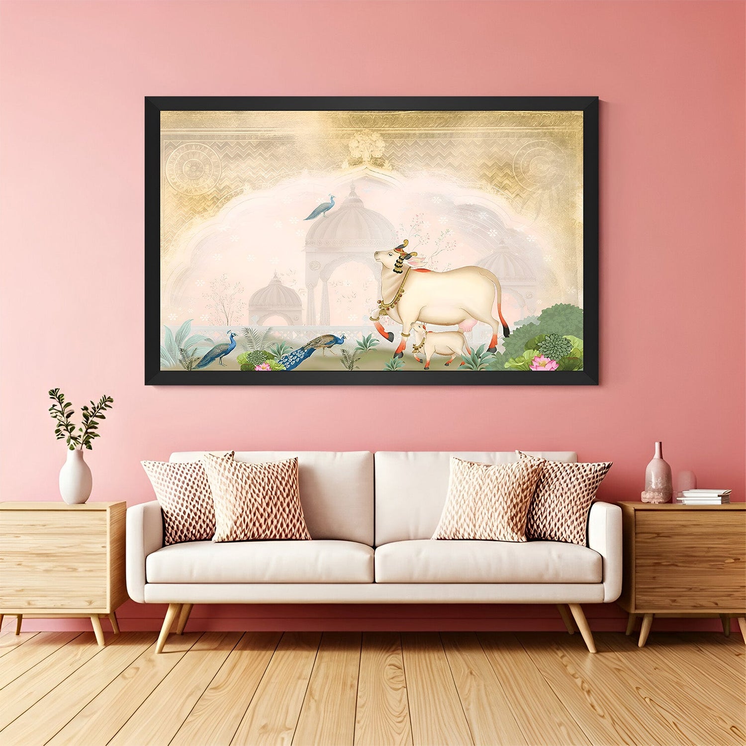 Kamdhenu Pichwai canvas with black floater frame for Indian ethnic temple decor