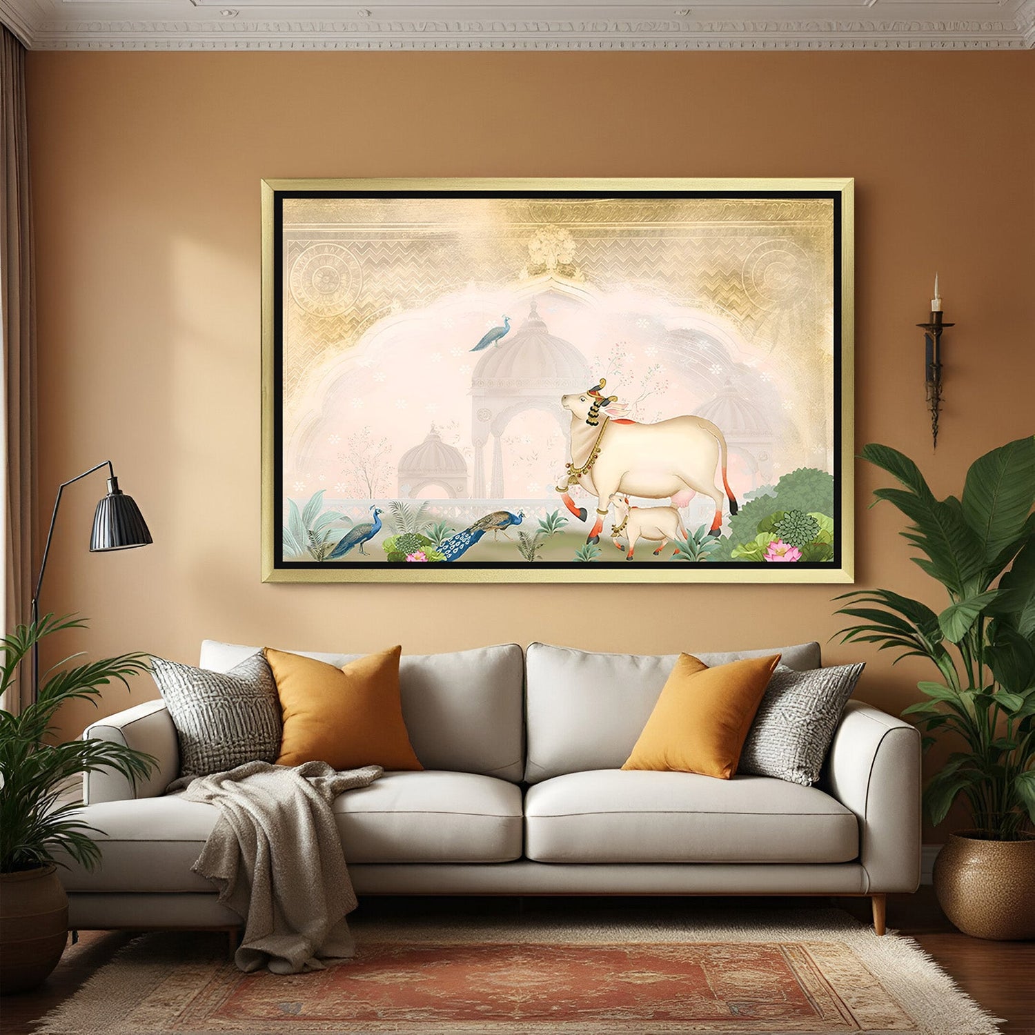 Golden floater frame Kamdhenu Pichwai wall art for sacred home and pooja space
