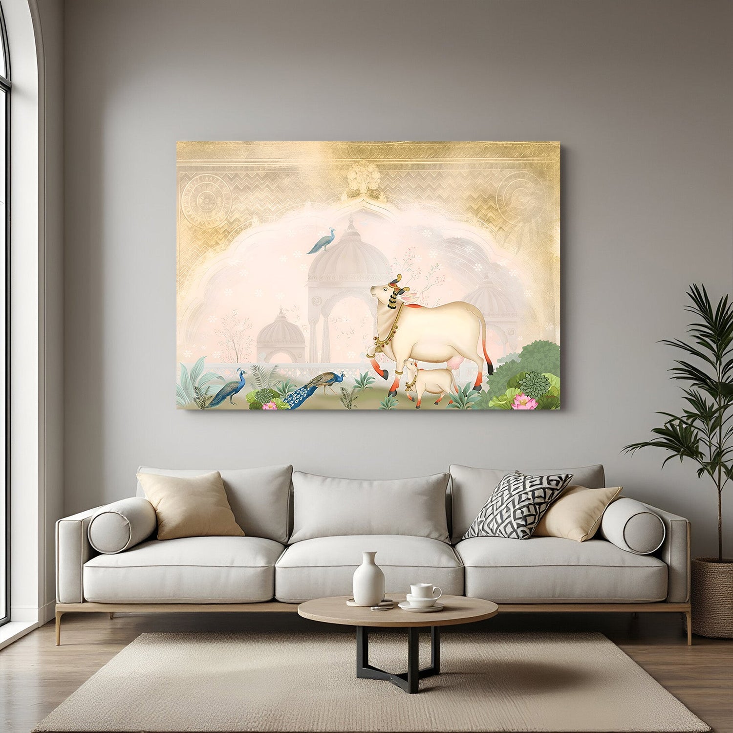 Kamdhenu cow Pichwai canvas painting for spiritual temple and Vastu-inspired wall decor