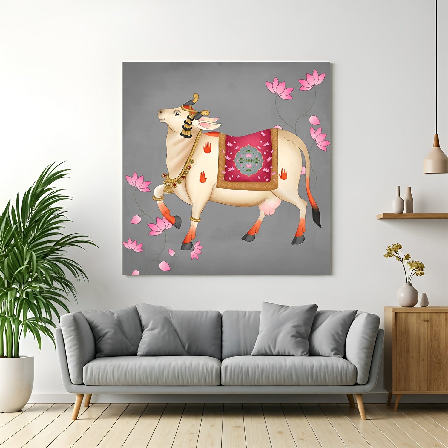 Kamdhenu cow with lotus Pichwai canvas painting for Vastu and Indian home decor