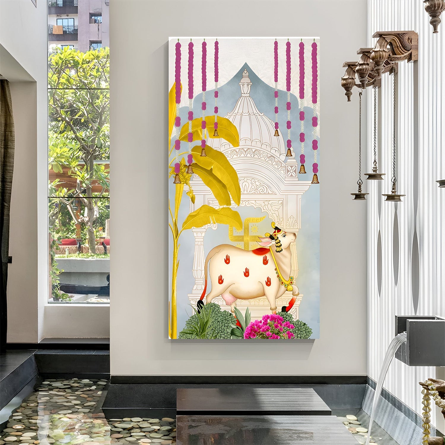 Kamdhenu cow Pichwai canvas hanging for divine Indian spiritual wall decor