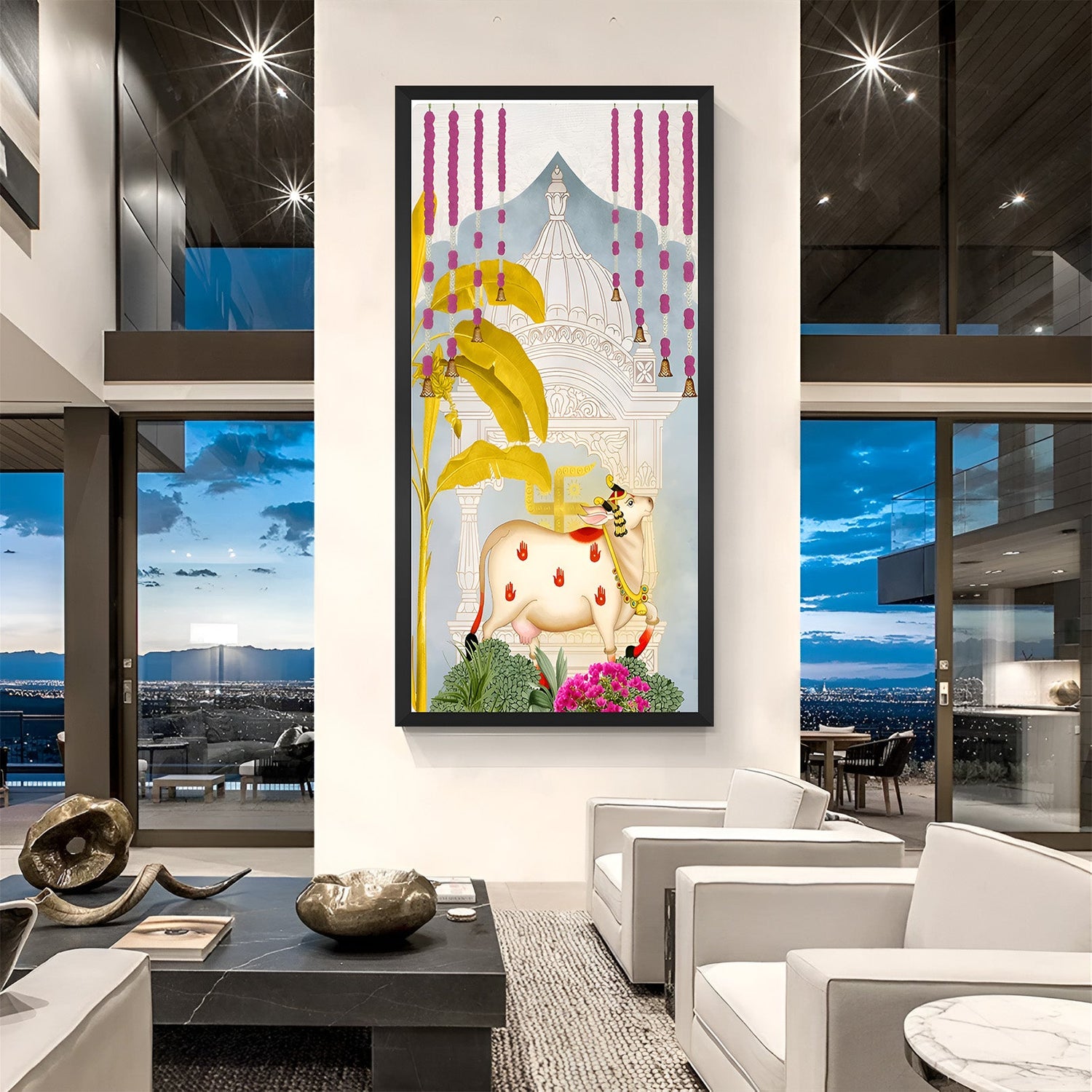 Black floater frame Kamdhenu Pichwai canvas wall art for temple and home walls