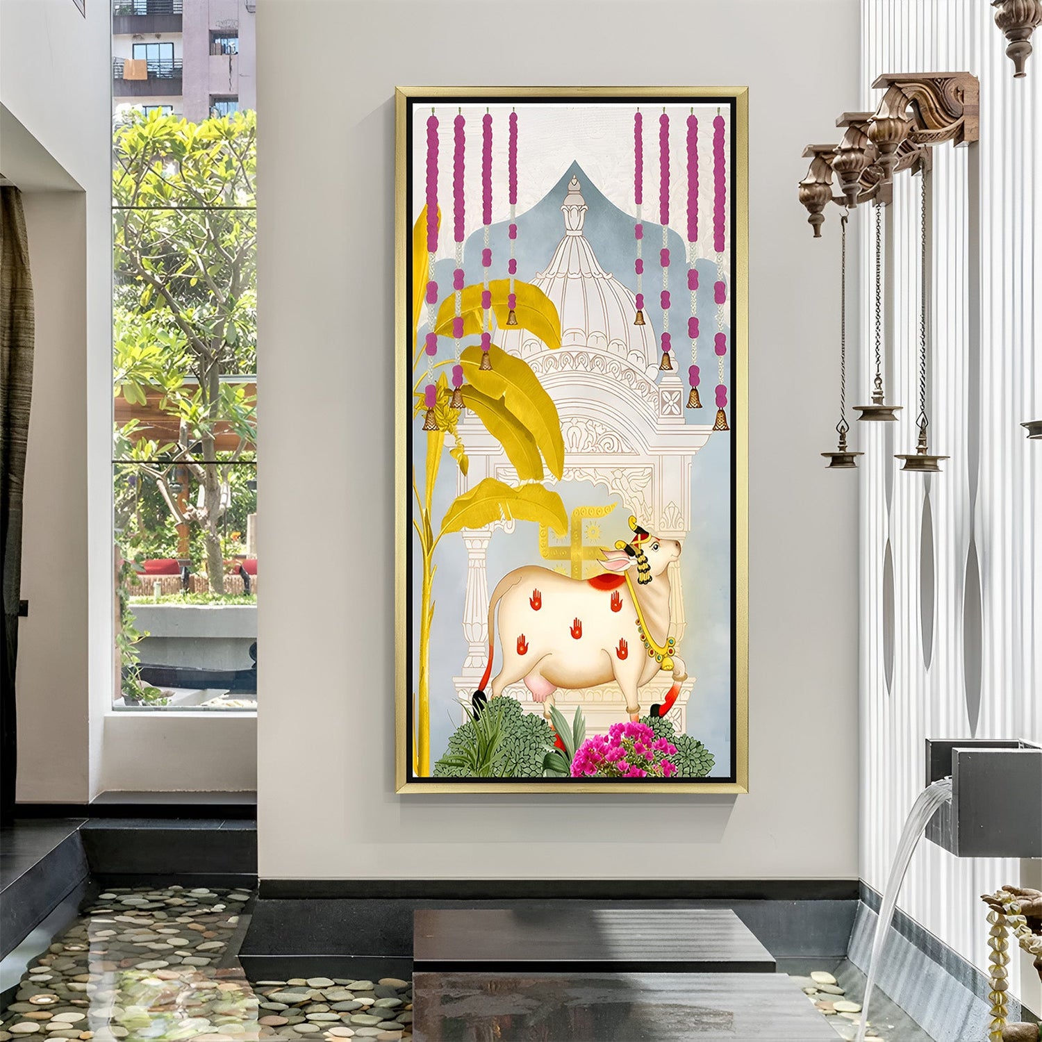Golden frame Kamdhenu cow wall decor in Pichwai style for Vastu-inspired spaces