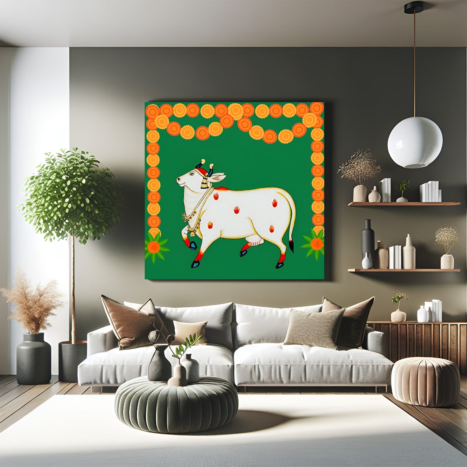 Kamdhenu Vastu Canvas Wall Art for home and office, symbolizing divine blessings, sacred energy, peace, and prosperity through spiritual cow imagery