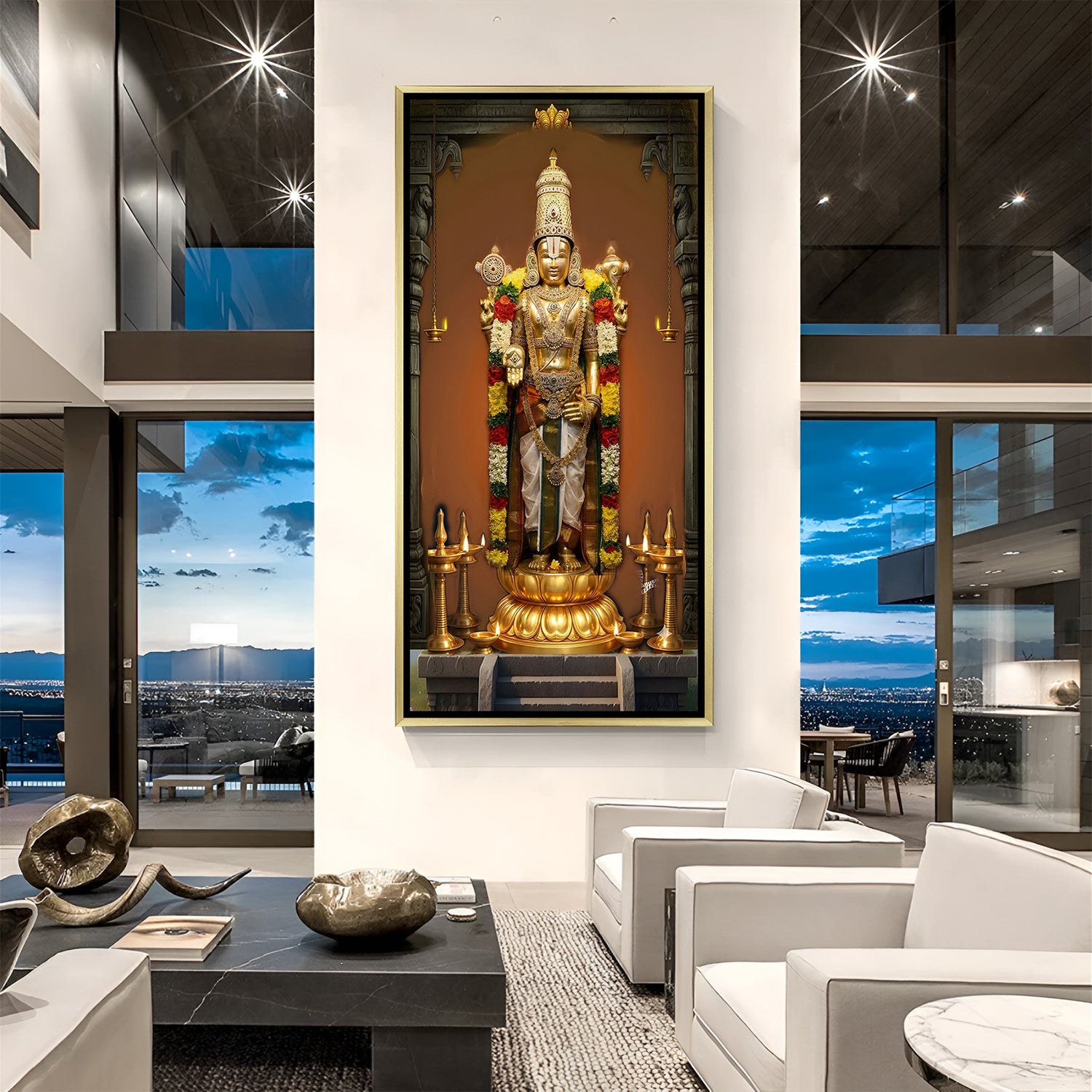 Vertical Tirupati Balaji canvas painting with golden avatar and sacred flower garlands in luxurious golden floater frame