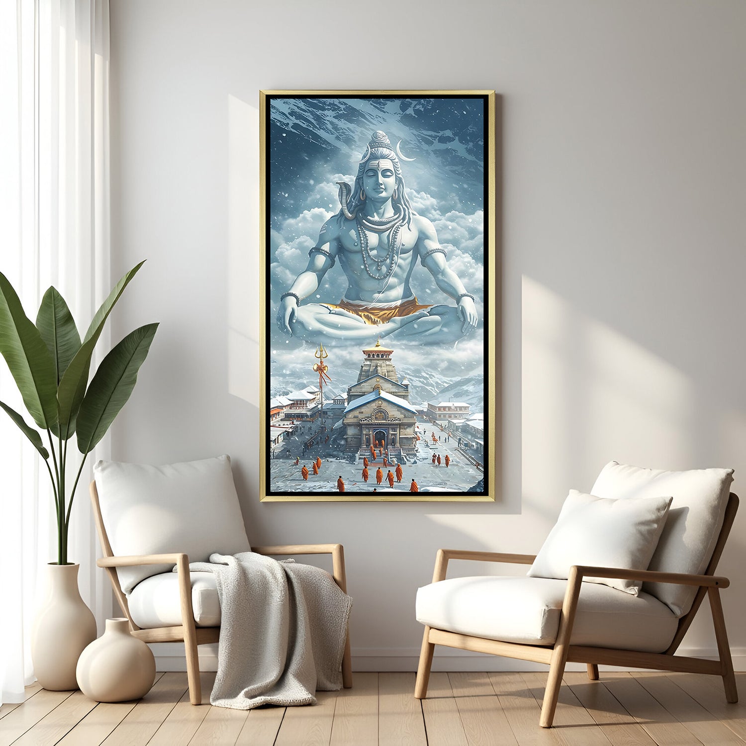 Kedarnath Shiva canvas wall art in golden floater frame luxury Hindu decor India