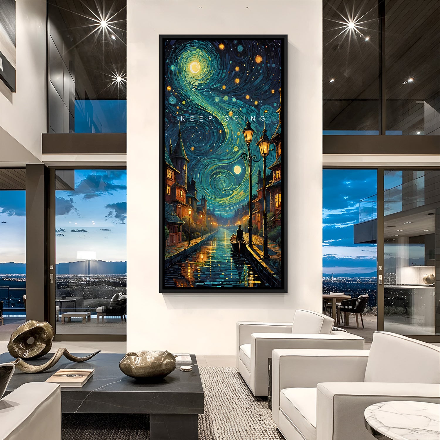 Cityscape wall art in black footer frame with river boat and motivational Keep Going text