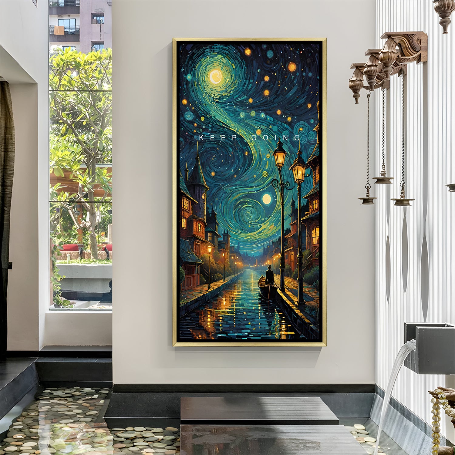 Golden framed boat wall art with river in city and Keep Going quote – inspirational modern decor