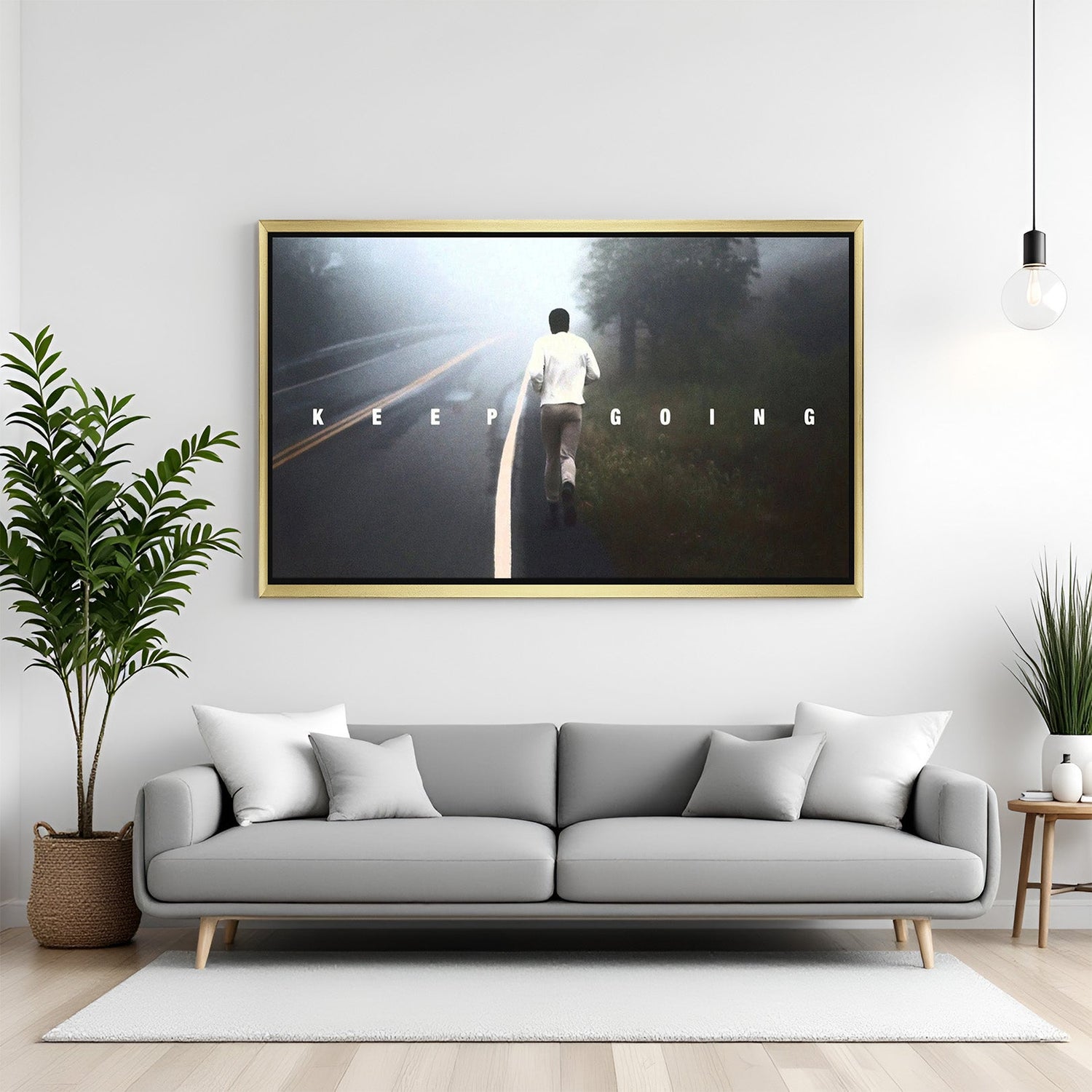 Keep Going motivational wall art in golden floater frame for inspiring office and home spaces