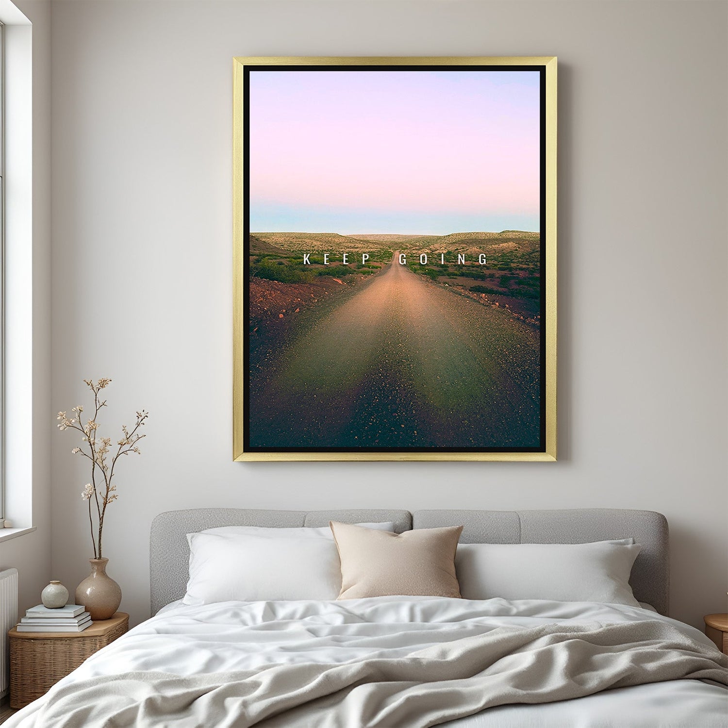 Keep Going motivational canvas wall art with golden floater frame