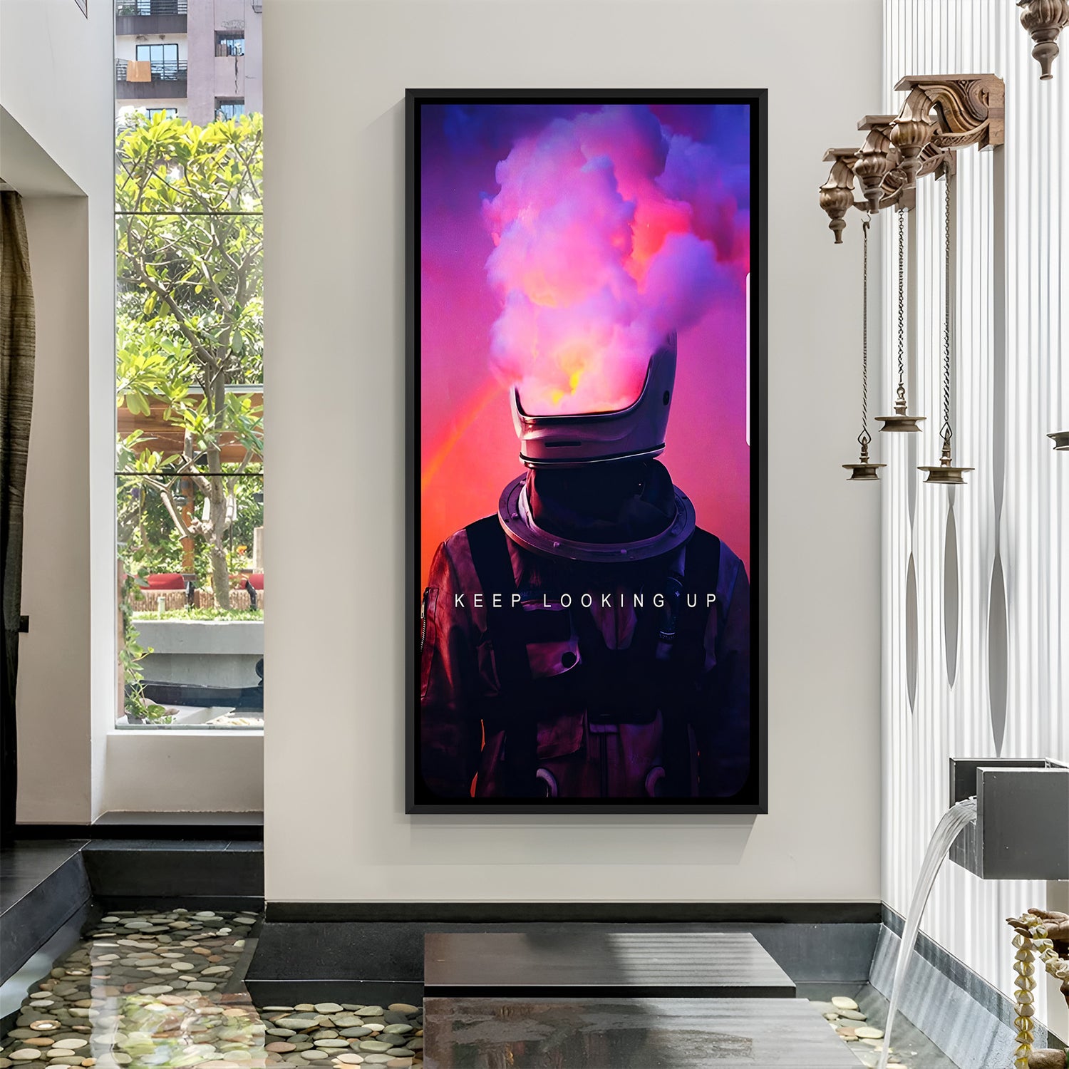 Motivational astronaut wall art with dark background and smoke – black footer frame design