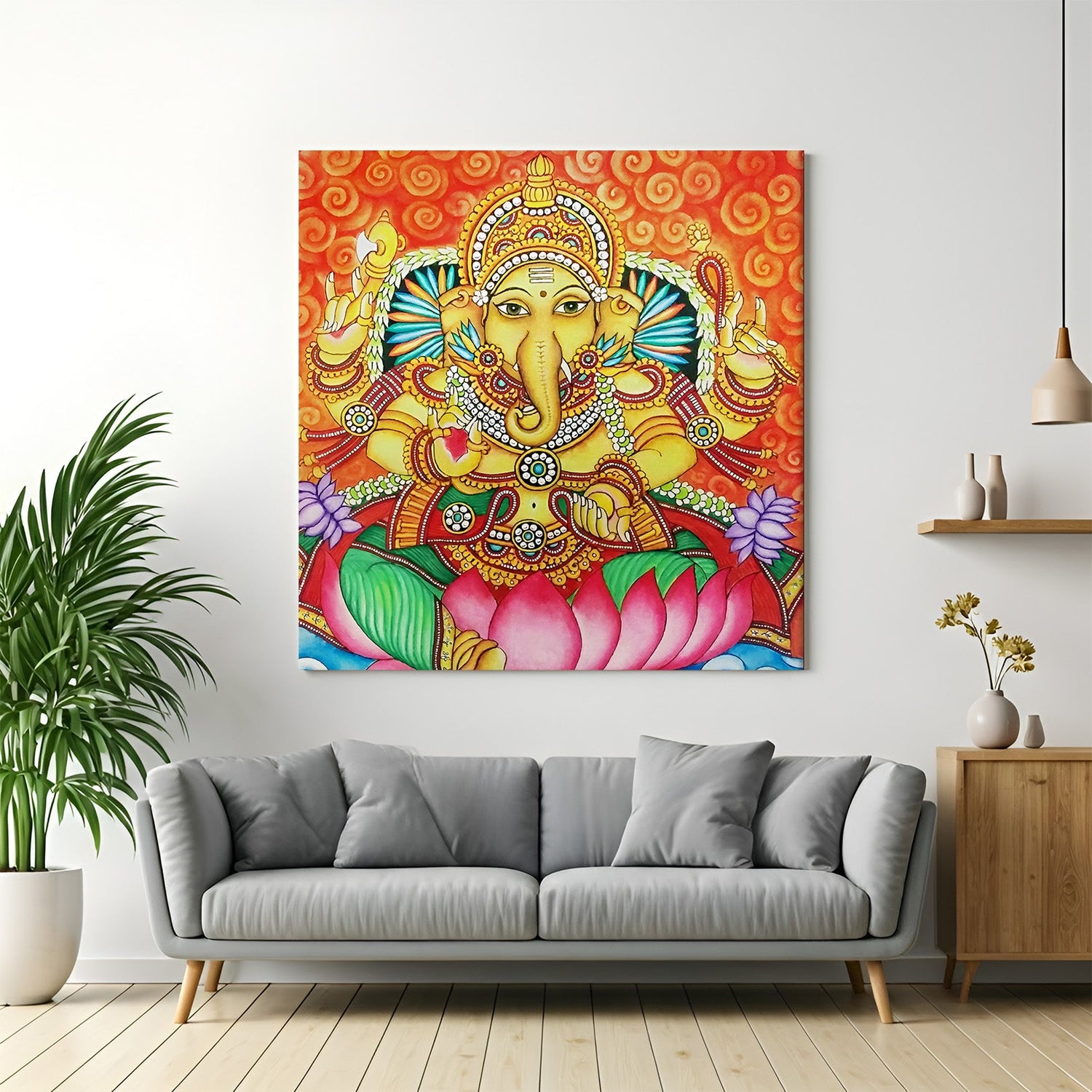 Kerala mural canvas wall art of Lord Ganesha for traditional and Vastu-inspired home decor