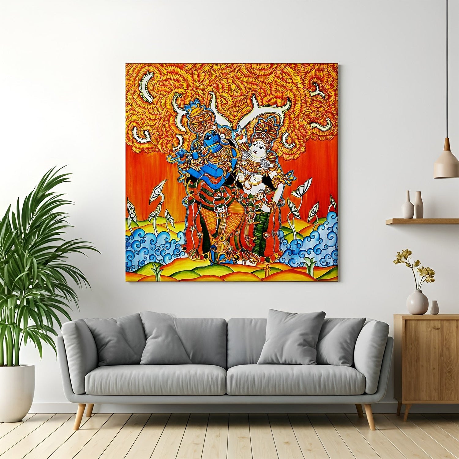 Kerala mural Radha Krishna canvas painting with traditional Indian art detailing for ethnic and spiritual home or office wall decor