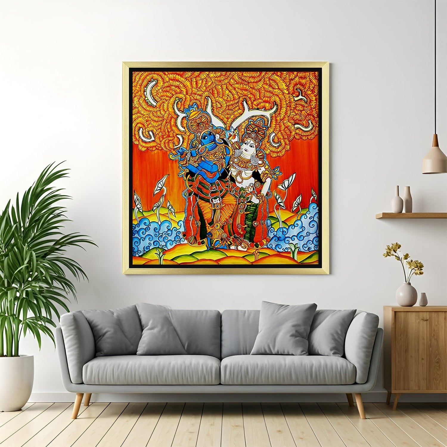 Golden floater frame Kerala mural canvas art of Radha Krishna for spiritual Vastu-inspired Indian ethnic wall decoration