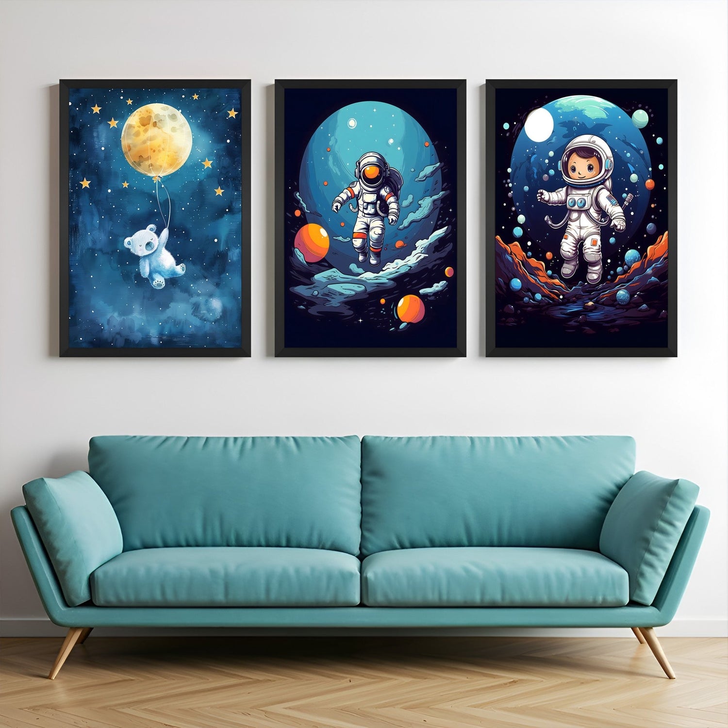Space-themed canvas wall art for children with a flying teddy and two astronauts – ideal for nursery or playroom decoration