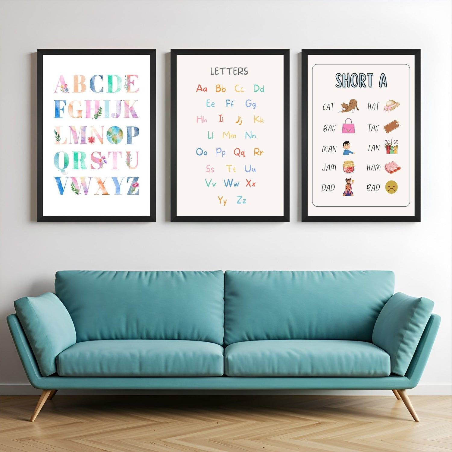 Educational kids wall art set with full alphabet, capital/small letter guide, and fun A sound word list – perfect for nursery, classroom, or early reading space
