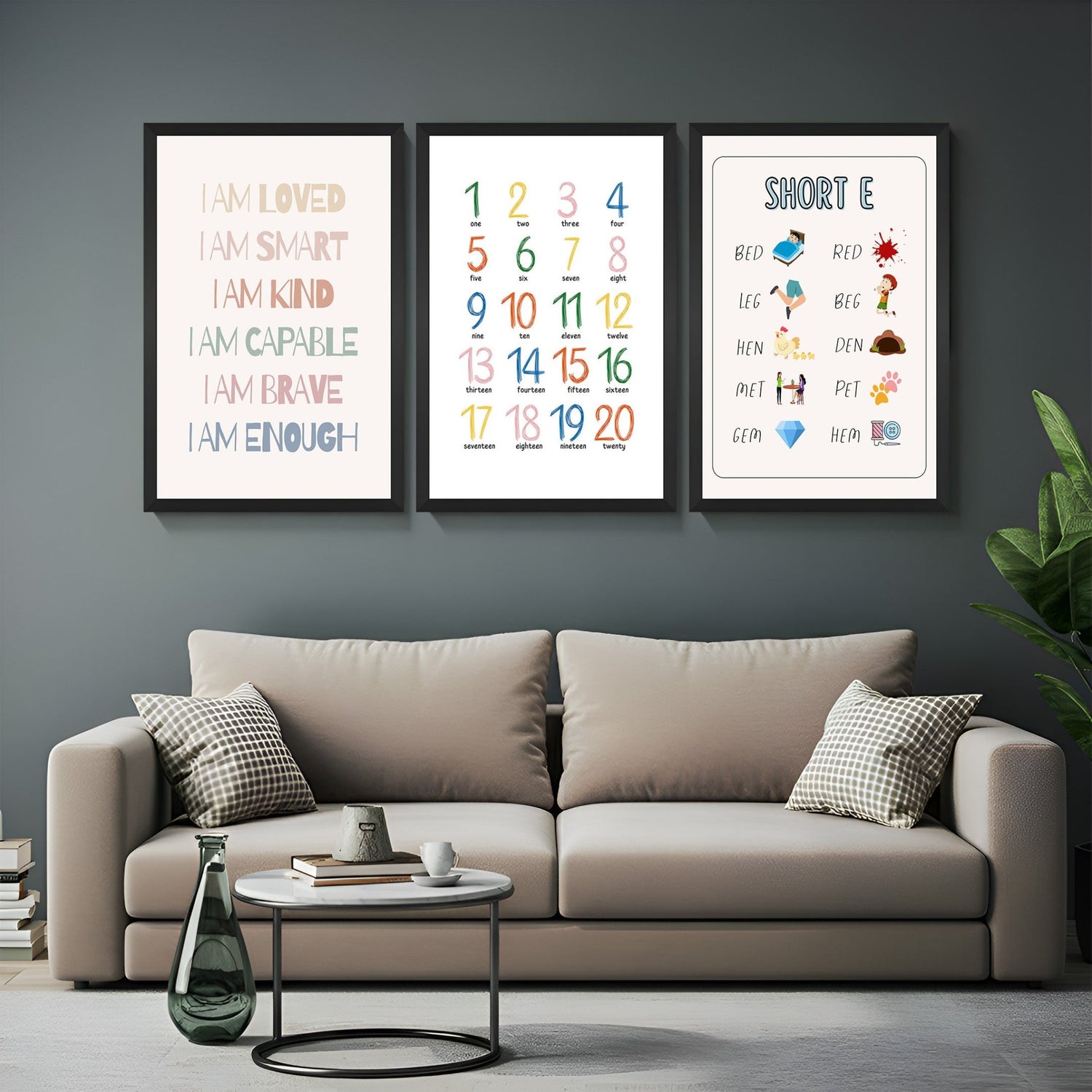 Set of 3 canvas wall art prints for kids showing positive affirmations, numbers 1–20, and short ‘E’ words like bed, red, leg – ideal for learning & positivity