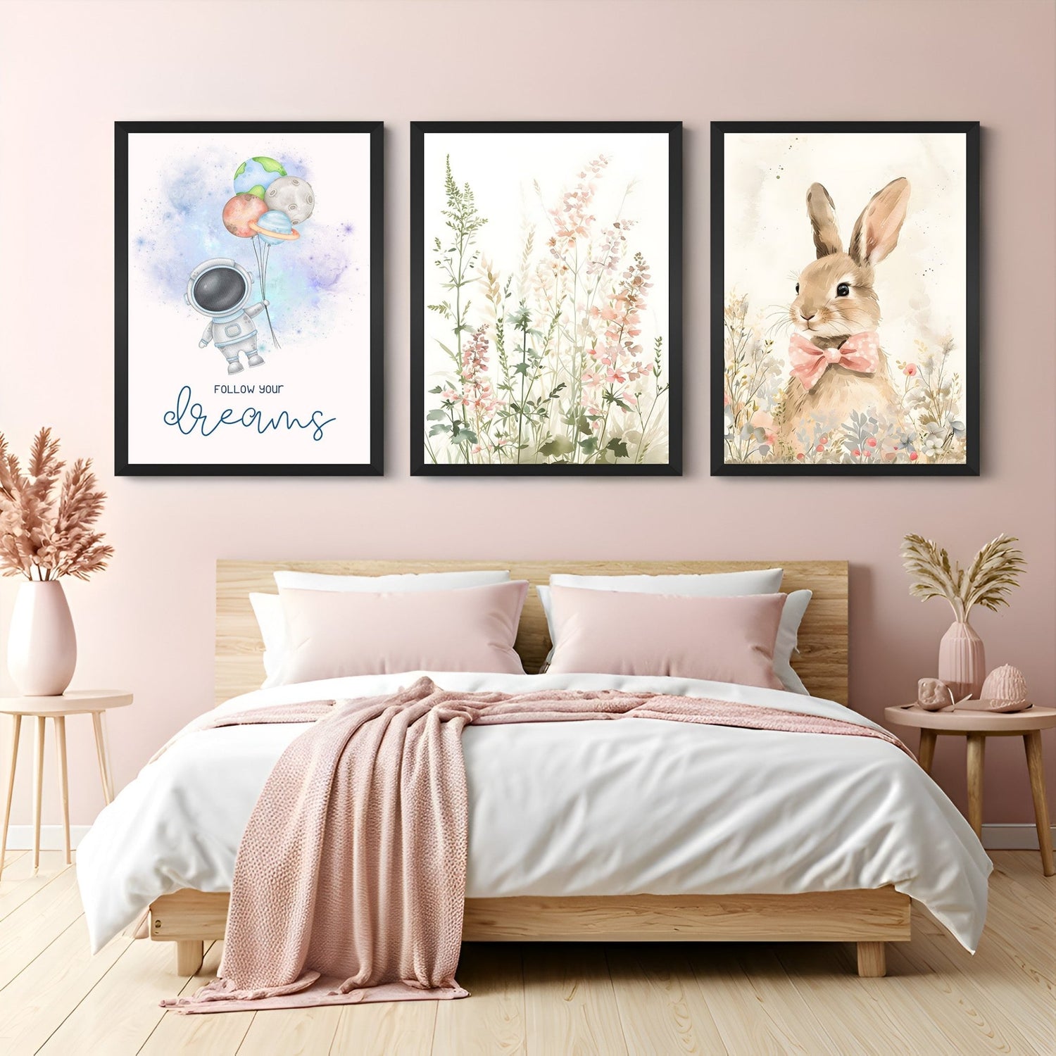 Set of 3 kids canvas wall art prints with astronaut flying holding planet balloons, floral grass illustration, and a cute rabbit – ideal for nursery decor