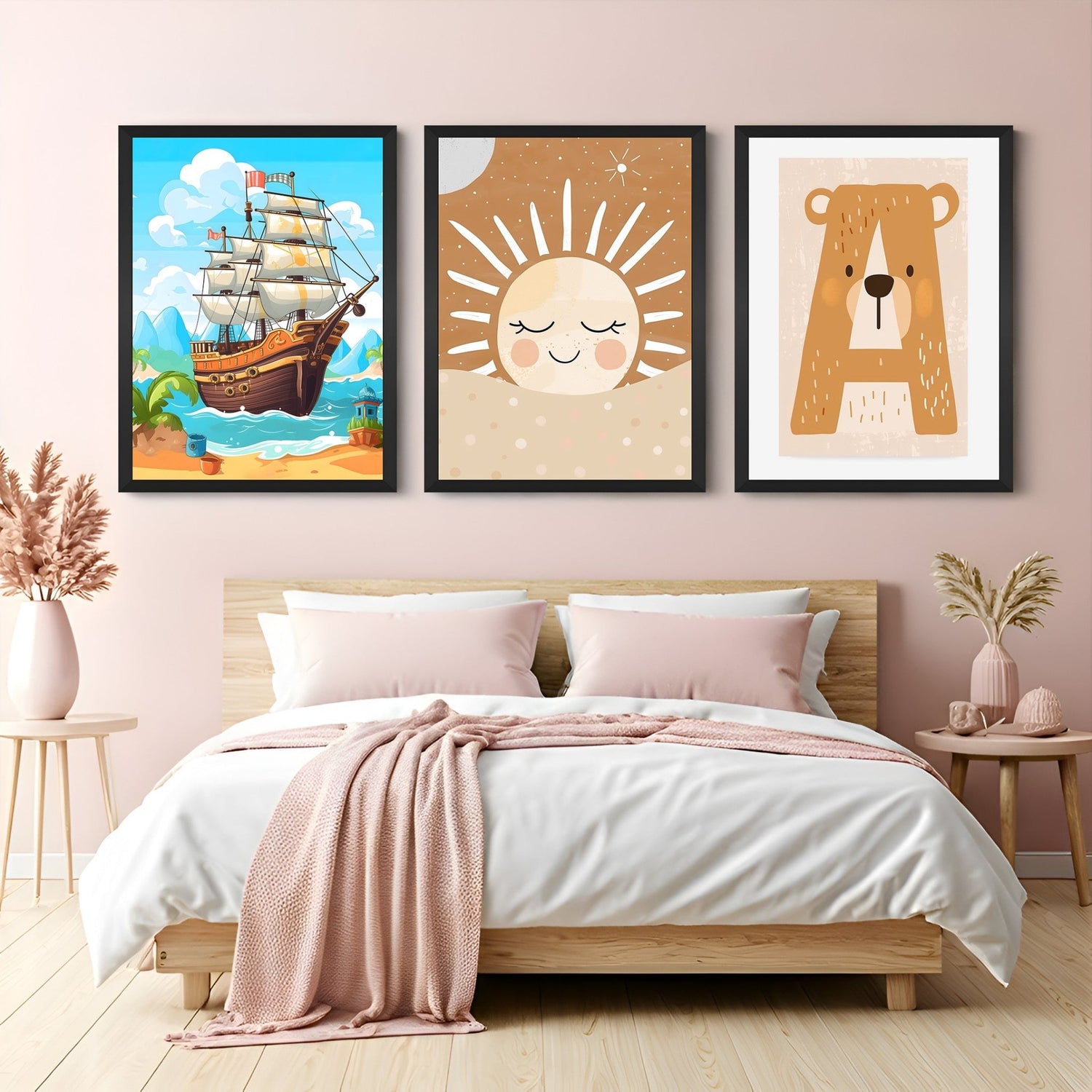 Set of 3 canvas prints featuring an animated battleship, smiling sun, and creative alphabet A forming a bear – perfect for colorful kids' room decor