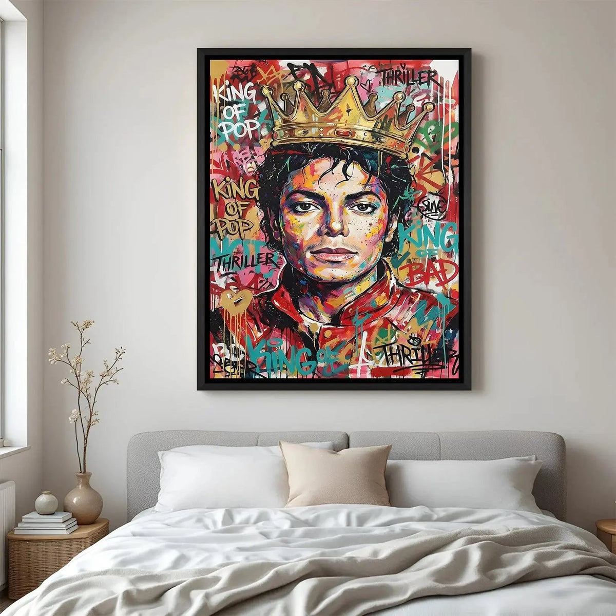 Modern music legend artwork in elegant black floater frame with vibrant contemporary styling