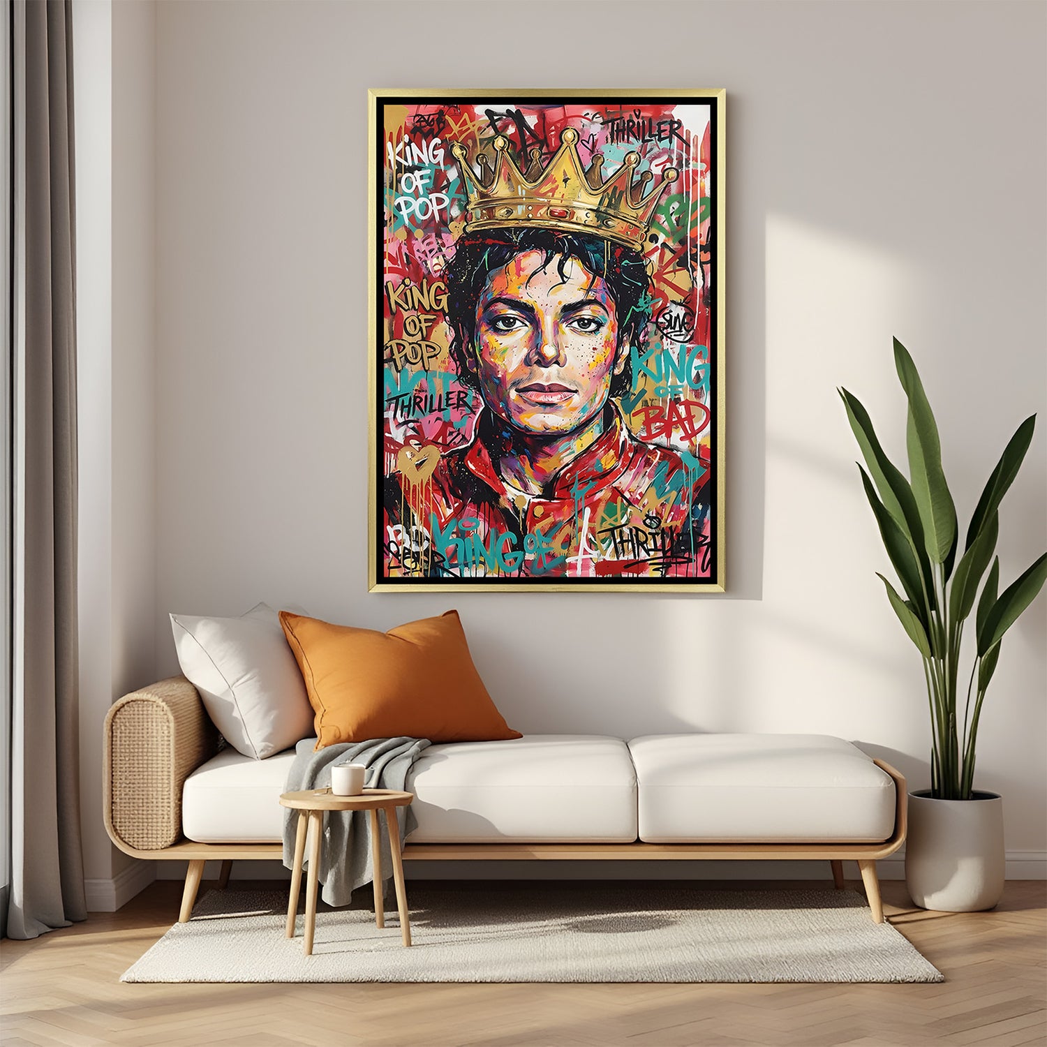 King of Pop Urban Rhythm canvas print in luxury golden floater frame featuring dynamic modern art design