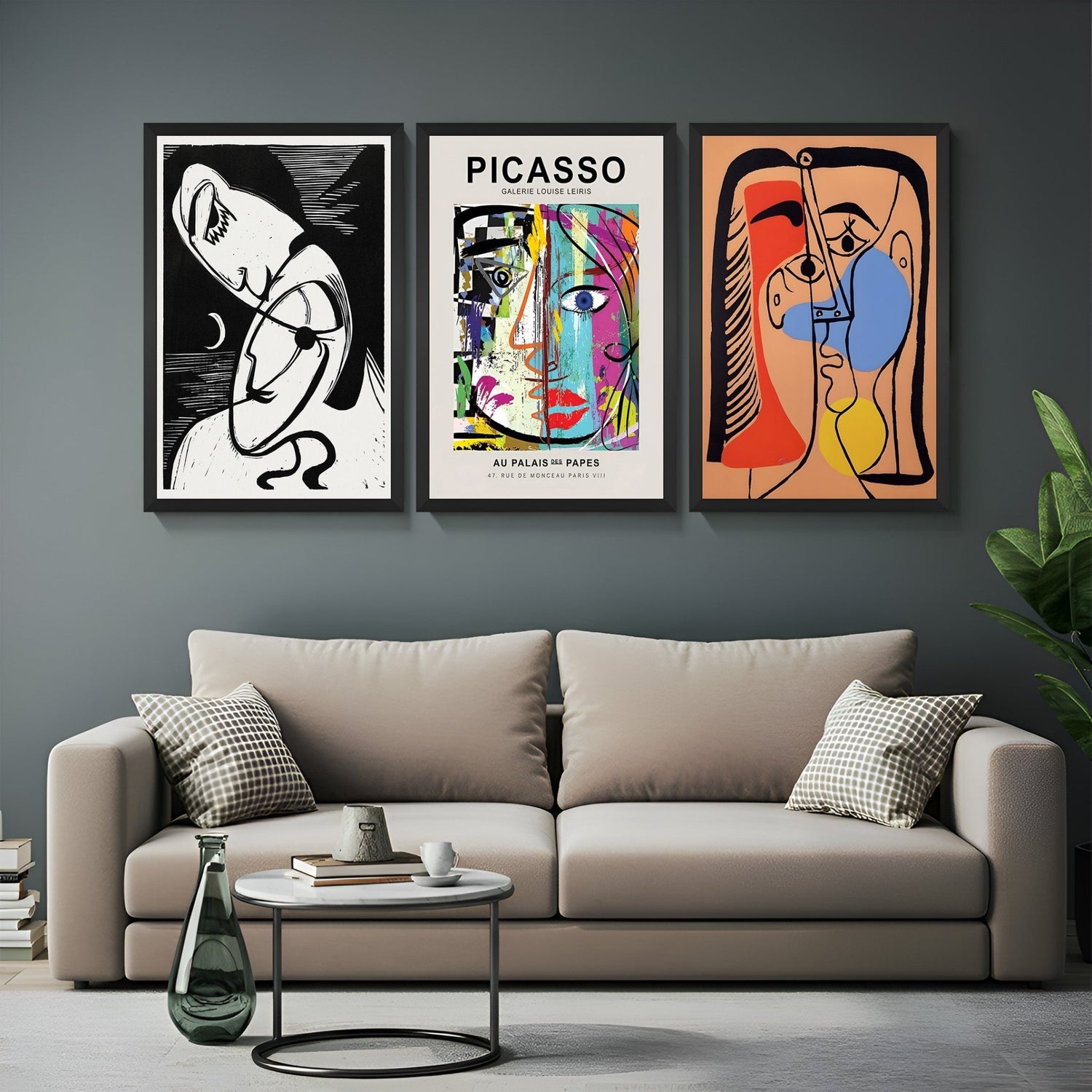 Wall display of a set of 3 famous art prints on canvas, including bold Expressionism and Cubist style works by Kirchner and Picasso – perfect for stylish interiors