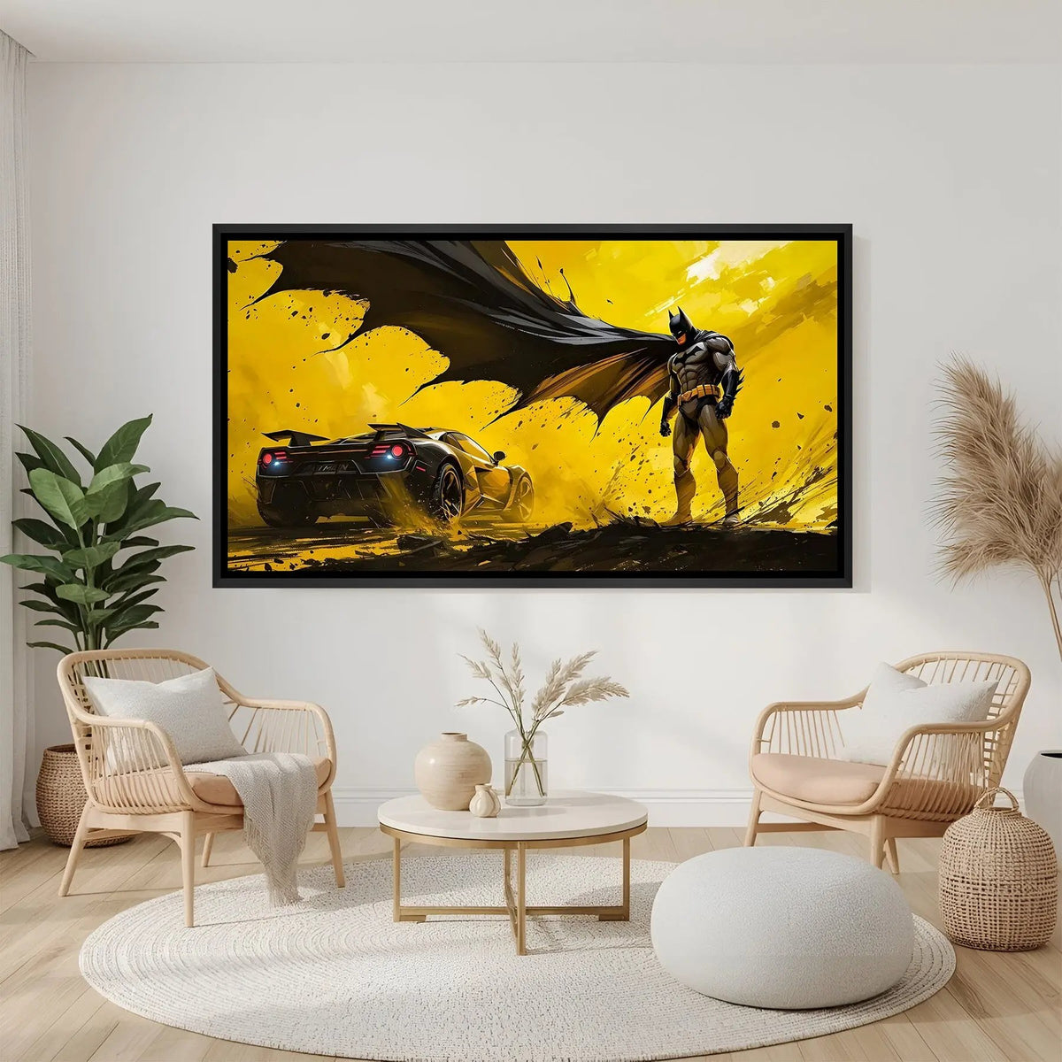 Batman superhero artwork in elegant black floater frame featuring iconic vehicle and bold yellow background