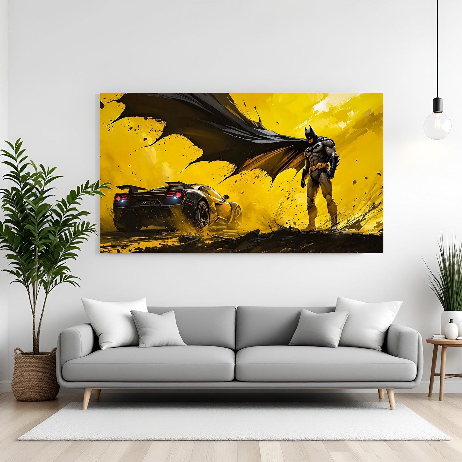 Batman standing beside his car in yellow-themed canvas wall art in premium canvas wrapped frame