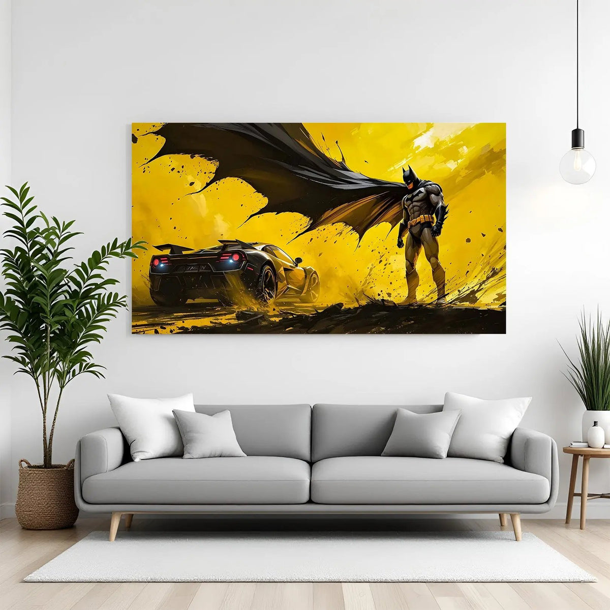 Batman standing beside his car in yellow-themed canvas wall art in premium canvas wrapped frame