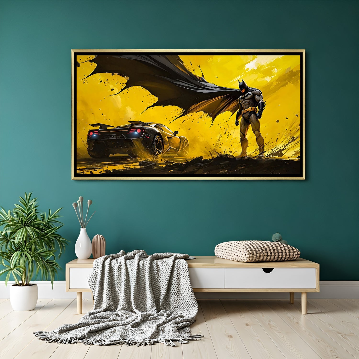Luxury Batman canvas artwork in golden floater frame with powerful yellow-themed cityscape and vehicle design