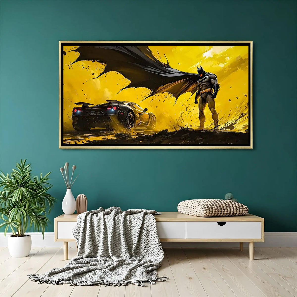 Luxury Batman canvas artwork in golden floater frame with powerful yellow-themed cityscape and vehicle design