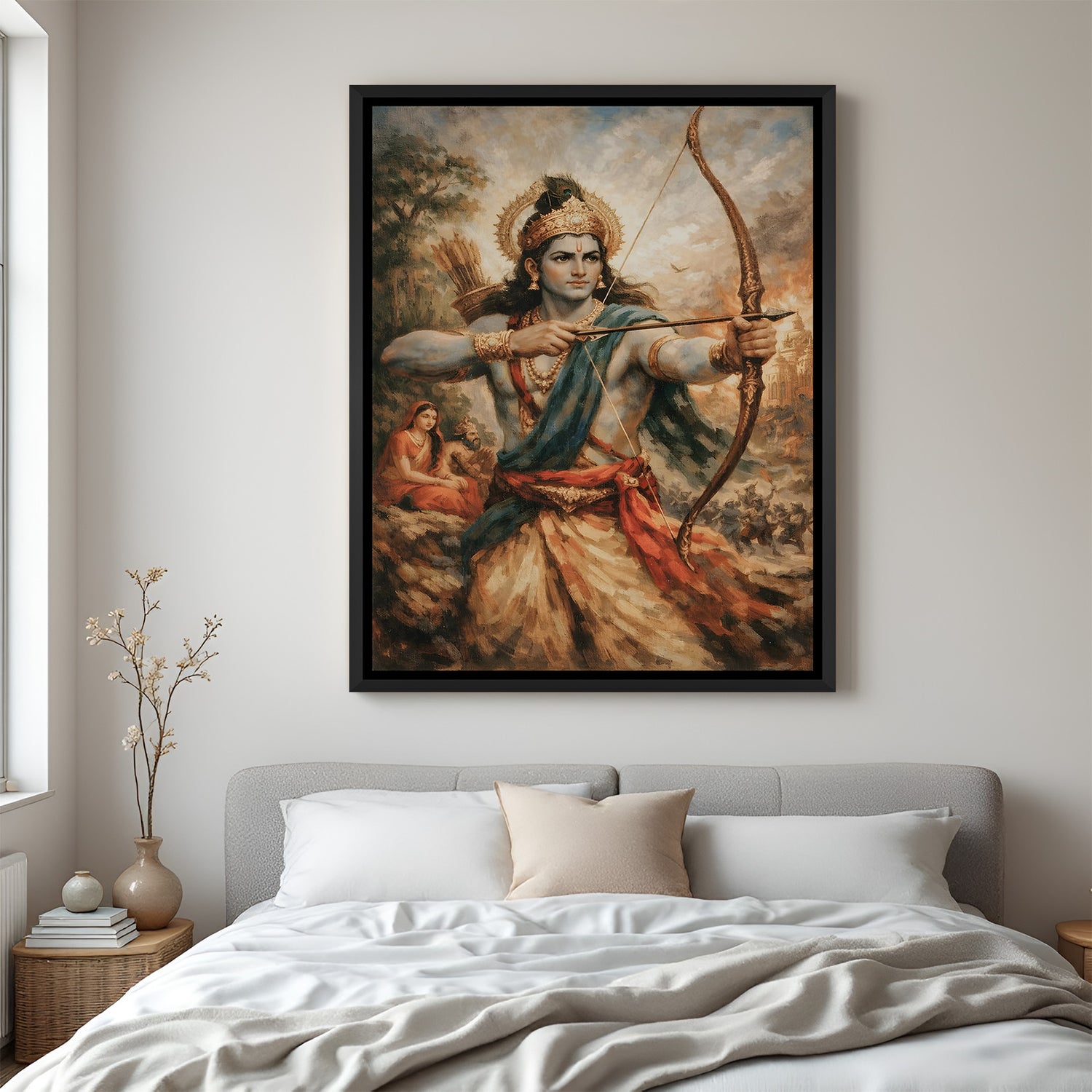 Lord Rama archer artwork in elegant black floater frame featuring a powerful Ramayana-inspired scene