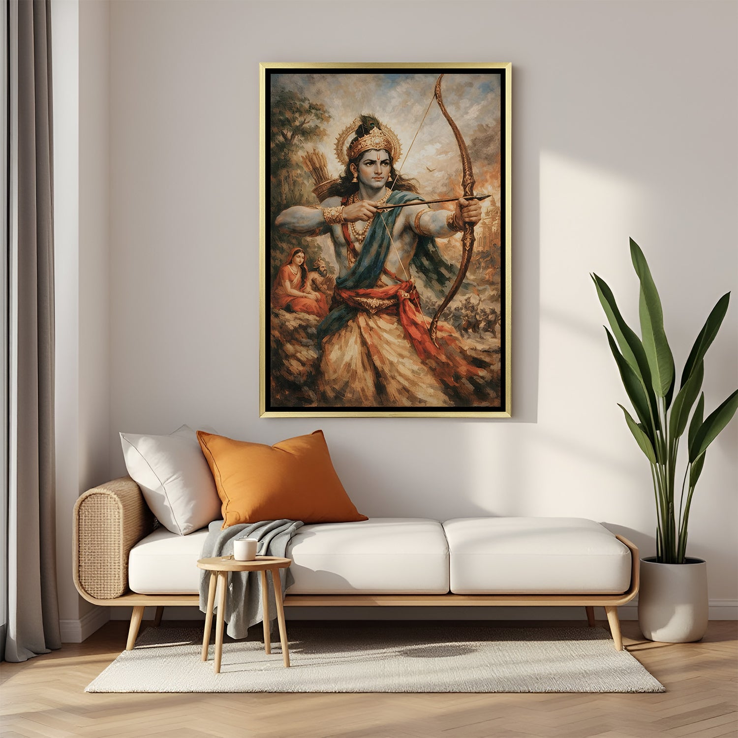 Divine Lord Rama with bow and arrow canvas painting in luxurious golden floater frame