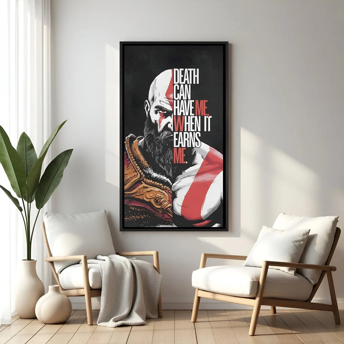 Kratos Defiance of Fate wall painting in black floater frame with powerful warrior quote artwork