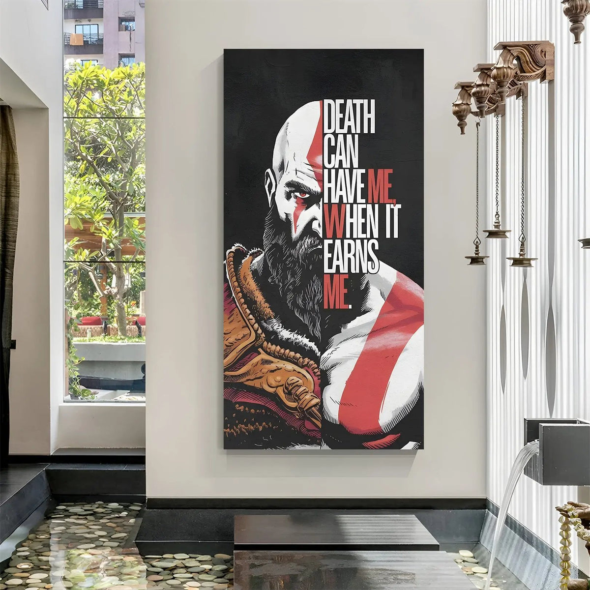 Kratos Defiance of Fate canvas wall art featuring Death Can Have Me When It Earns Me quote in premium canvas wrapped frame