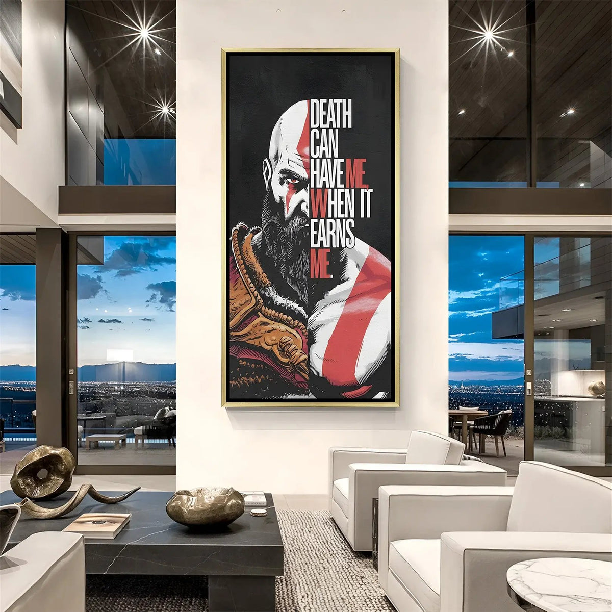Kratos Defiance of Fate artwork in luxury golden floater frame featuring iconic gaming quote and warrior design