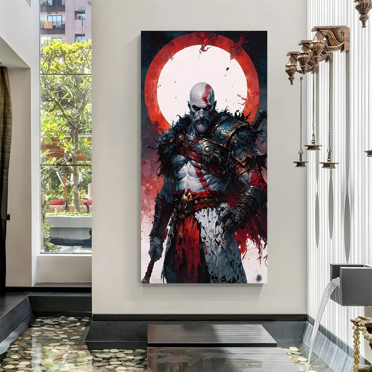 Kratos Fury Unbound canvas wall art featuring an angry warrior standing in a dramatic gaming scene in premium canvas wrapped frame