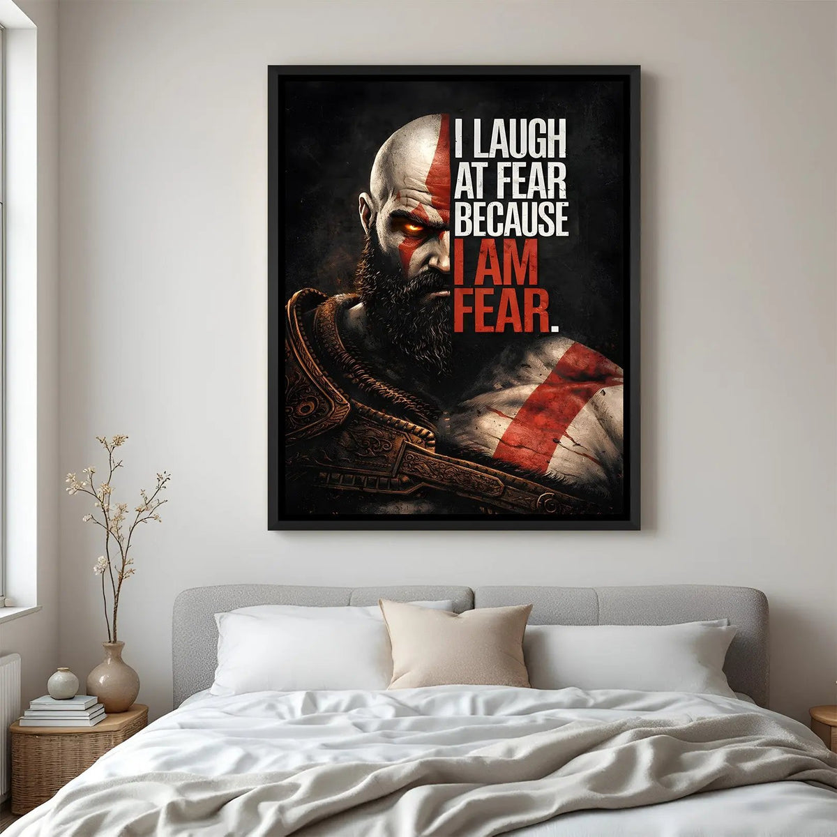 Kratos Master of Fear wall painting in black floater frame with powerful warrior quote gaming artwork