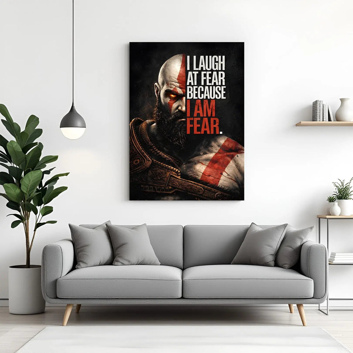 Kratos Master of Fear canvas wall art featuring I Laugh at Fear Because I Am Fear quote in premium canvas wrapped frame