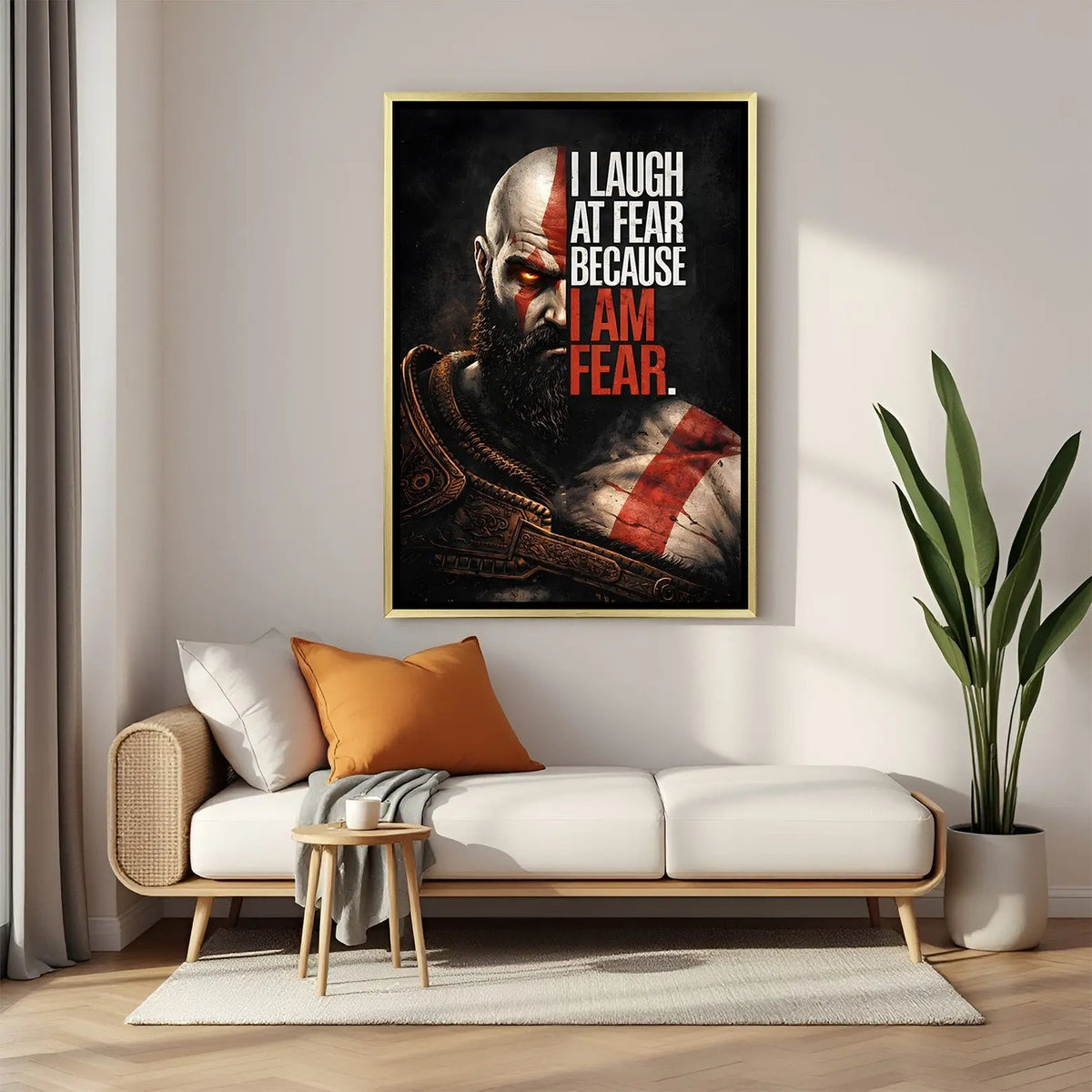 Kratos Master of Fear artwork in luxury golden floater frame featuring iconic warrior and motivational quote design