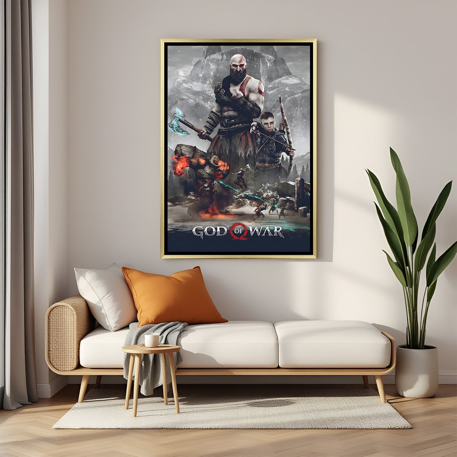Kratos Realmbreaker artwork in luxury golden floater frame featuring powerful mythological warrior design